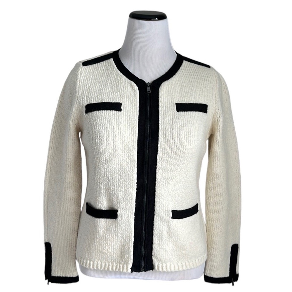 Ann Taylor Women's Wool Blend Knit Cream/Black Zip Up Cardigan Size Lp
